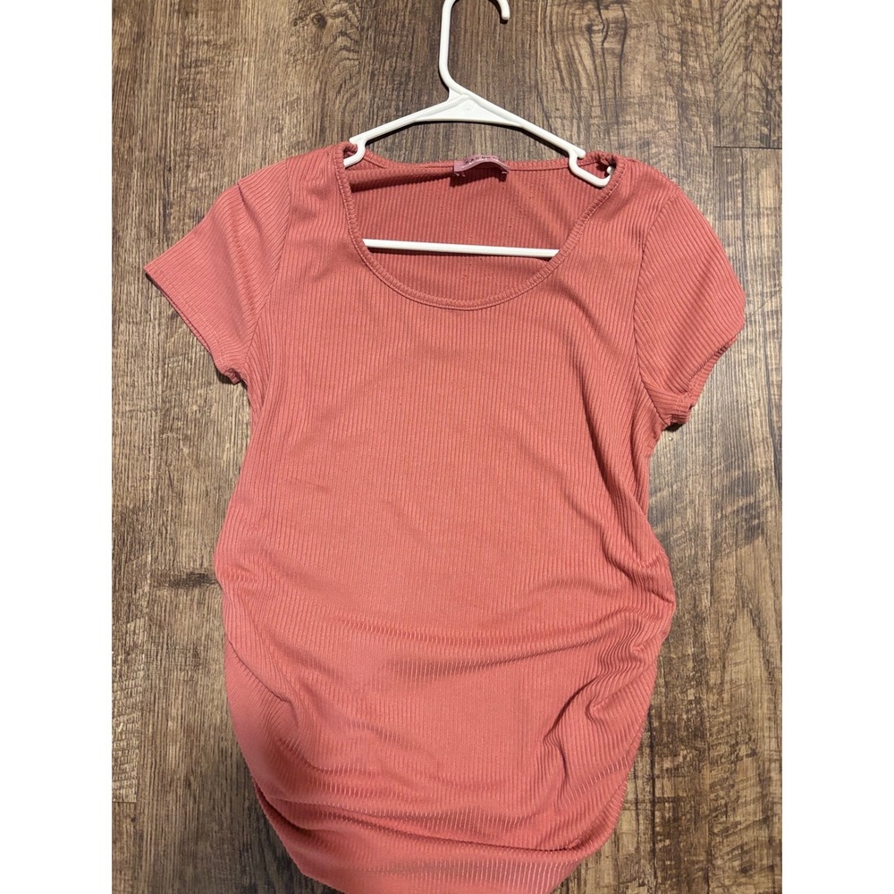 Ragdoll Womens Ribbed Knit Short Sleeve Scoop Neck Ruched Top Coral Pink